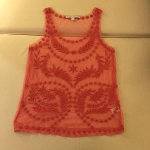NWOT LC Lauren Conrad coral embroidered mesh top S
